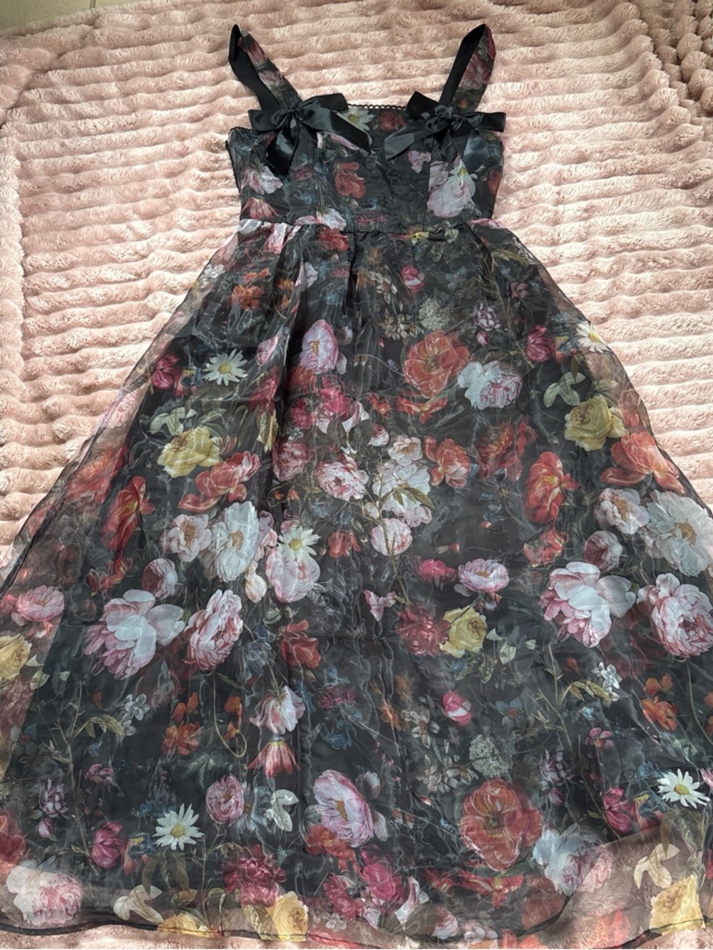 SHEIN Black Floral Mesh Bow-Strap A-Line Dress